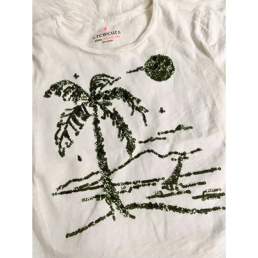 Crewcuts Sequin Palm Tree Tee - White with Black Sequins